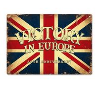 Grunge Victory in Europe Metal Sign VE Day 80th Anniversary Union Jack Wall Plaque for Home Pub Garden Bar, Small, White