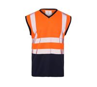 Grunge Wear® Hi Vis Viz Work Utility Sleeveless V-Neck T-Shirt Warning Vest | High Visibility Safety Security Workwear Double Tape Tank Top (Orange Navy V-Neck, Large)