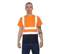 Grunge Wear® Hi Viz Short Sleeve Crew Neck T-Shirts - Men's High Visibility Reflective Tape Safety Security Two Ton Breathable Lightweight Workwear T-Shirt Tops (Orange Navy, Small)