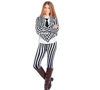 Grunge Wear Women's Black White Vertical Striped Kit - Ladies Open Front Striped Blazer Coat + Leggings Pant 2Pcs Halloween Beetlejuice Fancy Dress Costume S-XXL (M-L)