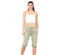 Grunge Wear® Women's Stretch Plain Magic Italian Shorts - Ladies Lagenlook Comfy Crushed Casual Summer Short Joggers Stretchy Capri Bottom Pants (Khaki, 8-14)