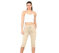 Grunge Wear® Women's Stretch Plain Magic Italian Shorts - Ladies Lagenlook Comfy Crushed Casual Summer Short Joggers Stretchy Capri Bottom Pants (Beige, 8-14)
