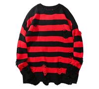 Grunge Y2K Sweater for Men Striped Oversized Knit Pullover Ripped Hole Punk Gothic Loose Knit Sweaters Streetwear Red