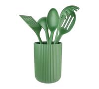 Grunwerg Greenworks Recycled PET Utensils 5 Piece Set, Includes a Soup Ladle, a Spaghetti Server, a Slotted Spoon, a Serving Spoon, a Slotted Turner and a Utensils Pot, Green
