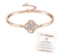 grupan For Daughter - I Am Always with You Diamond Knot Bracelet, 925 Sterling Silver Adjustable Bracelet, Four Leaf Clover Diamond Bracelet, Jewelry Presents for Women Girls (Rose Gold)