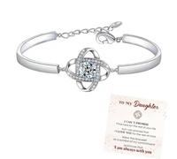 grupan For Daughter - I Am Always with You Diamond Knot Bracelet, 925 Sterling Silver Adjustable Bracelet, Four Leaf Clover Diamond Bracelet, Jewelry Presents for Women Girls (Silver)