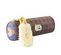 Grurun Cute Cylindrical Pencil Case with Plush Handle Large Capacity Plaid Pen Bag for Girls Aesthetic Stationery Organizer with Zipper Multifunctional Makeup Pouch for School Students (Cylinder-C)