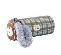 Grurun Cute Cylindrical Pencil Case with Plush Handle Large Capacity Plaid Pen Bag for Girls Aesthetic Stationery Organizer with Zipper Multifunctional Makeup Pouch for School Students (Cylinder-A)