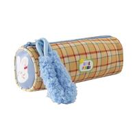 Grurun Cute Cylindrical Pencil Case with Plush Handle Large Capacity Plaid Pen Bag for Girls Aesthetic Stationery Organizer with Zipper Multifunctional Makeup Pouch for School Students (Cylinder-B)