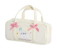 Grurun Cute Pencil Case with Handle Large Capacity Kawaii Pen Bag for Girls Aesthetic Double Layer Stationery Organizer with Bow Multifunctional Makeup Pouch for School Kids Teens (Beige)