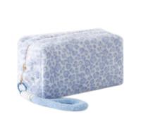 Grurun Leopard Print Plush Pencil Case with Wrist Strap Large Capacity Fluffy Pen Pouch for Students Cute Stationery Organizer Bag for School Portable Makeup Cosmetic Bag (Blue)
