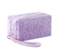 Grurun Leopard Print Plush Pencil Case with Wrist Strap Large Capacity Fluffy Pen Pouch for Students Cute Stationery Organizer Bag for School Portable Makeup Cosmetic Bag (Purple)