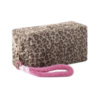 Grurun Leopard Print Plush Pencil Case with Wrist Strap Large Capacity Fluffy Pen Pouch for Students Cute Stationery Organizer Bag for School Portable Makeup Cosmetic Bag (Brown)
