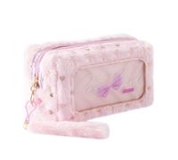 Grurun Plush Pencil Case Large Capacity Kawaii Stationery Organizer Soft Fluffy Cosmetic Makeup Bag with Clear Window (Pink)