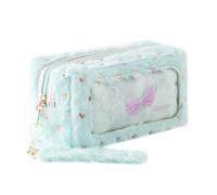 Grurun Plush Pencil Case Large Capacity Kawaii Stationery Organizer Soft Fluffy Cosmetic Makeup Bag with Clear Window (Blue)