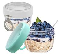 Grusce 2 PCS Reusable Overnight Oats Jar Container with Lids and Foldable Spoon, BPA Free Breakfast On the Go Cups Yoghurt Pots Cereal to Oatmeal Leak-Proof Food Storage Container(White+green)