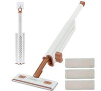 Grusce Self Squeezing Mop Portable Mini Mop Self Squeeze Cleaning Mop with 4 Microfiber Mop Pads Flat Squeeze Short Mop for Bathroom Kitchen Countertop Glass Walls Windows Desktops(Brown)
