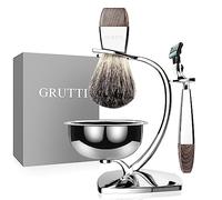 GRUTTI Shaving Set, 4pcs Chrome Stainless Steel Shaving Brush Razor Stand with Shaving Bowl and Badger Hair Shaving Brush and Safety Razor Compatible with Mach 3, Men's Shaving Brush Set