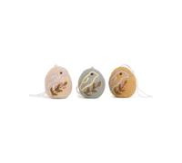 Gry & Sif Embroidered Easter Egg Pendants, Felt Eggs, Easter Decoration Made of Felt, Handmade, Fair Trade, White, Green and Mustard Yellow with Bird Motif, 3.75 cm, Set of 3