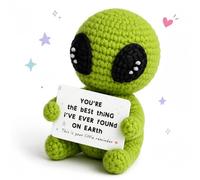 Gryphix 1PC Crochet Alien Plush Sitting Astronaut Figurine, Handmade Knitted Green Alien Doll with Heartfelt Message, Unique Birthday for Boyfriend Girlfriend Wife Husband, Home Desk Decor
