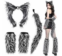 Gryphix Furry Wolf Costume Accessories Set Ears Headband Tail Gloves 4PCS | wolf costume,animal ears headband,furry wolf tail,cosplay gloves,werewolf fancy dress,halloween accessories,unisex