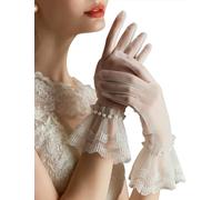 GRYUIRY Short Lace Mesh Gloves Tulle Border with Pearls Wedding Opera Tea Party Gloves for Women Formal, Ivory-3, One Size