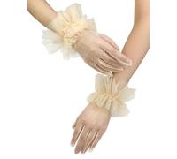 GRYUIRY Short Tulle Ruffle Gloves for Women Tea Party Mesh Sheer Opera Evening Party Gloves, champagne, One size