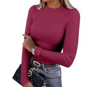 Gryvoilet Women Long Sleeve Shirts Rib Knit Slim Fit Tops Basic Tee Fall Outfits Casual Underscrubs Layer Clothes, Wine Red, L