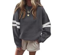 Gryvoilet Womens Varsity Striped Oversized Sweatshirt Drop Shoulder Long Sleeve Casual Fashion Pullover Top, Dark Grey, L