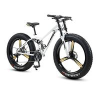 GSACLKES Mountains, Fat Tire for Men Women, 26-Inch Wheels, 4-Inch Wide Knobby Tires 7/21/24/27/30 Speed Beach Snow Mountain Bicycle, Dual-Suspension & Dual Disc Brake,Blue Spoke,7 Speed/White 3 Spoke