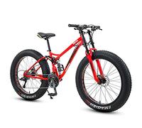 GSACLKES Mountains, Fat Tire for Men Women, 26-Inch Wheels, 4-Inch Wide Knobby Tires 7/21/24/27/30 Speed Beach Snow Mountain Bicycle, Dual-Suspension & Dual Disc Brake,Blue Spoke,7 Speed/Red Spoke/21