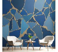 GSAEIMCT 3D Blue Gold Color Block Mosaic Panoramic Wallpaper Mural,300X210Cm Silk Wall Mural with Abstract Geometry,High-Resolution Print,Wall Décor for Living Room,Bedroom Or Dining Area