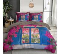 GSAEIMCT 3D Blue Pink Venetian Blinds Flowers Bedding Set Greek Islands Print Microfiber Comforter Cover For Children Kids Boys Girls Bedroom Collection 3Pcs,Super King 260X220Cm