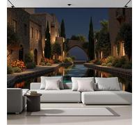 GSAEIMCT 3D Dark Blue Waterway Ancient City Panoramic Wallpaper Mural,300X210Cm Silk Wall Mural with Mediterranean Architecture,High-Resolution Print,Wall Décor for Living Room,Bedroom Or Dining Area