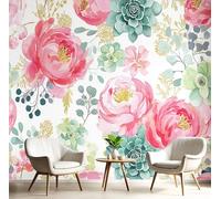 GSAEIMCT 3D Effect Wallpaper Pink Peony Succulent 200X140Cm,Watercolor Plants Art Murals Print Photo Wall Mural,for Living Room Bedroom Children's Room Home Hallway Lounge Decoration