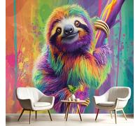 GSAEIMCT 3D Mural Photo Wallpaper Color Twig Sloth Backdrop Wall Cartoon Animals Interior Decor Panel Bathroom Restaurant Hall Living Children Room Hallway Art Murals,400X280Cm