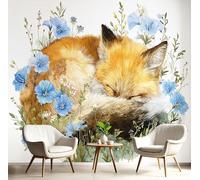 GSAEIMCT 3D Mural Wallpaper Brown-Blue Wildflower Fox Silk Cloth Photo Wall Art Watercolor Animals for Corridor Nursery Bedroom and Living Children's Room Wall Decoration Poster,250X170Cm
