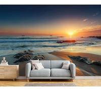 GSAEIMCT 3D Orange Sunset Beach Panoramic Wallpaper Mural,400X280Cm Silk Wall Mural with Realistic Photography,High-Resolution Print,Wall Décor for Living Room,Bedroom Or Dining Area