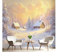 GSAEIMCT 3D Orange-White Snow Cabin Panoramic Wallpaper Mural,400X280Cm Silk Wall Mural with Rural Countryside,High-Resolution Print,Wall Décor for Living Room,Bedroom Or Dining Area
