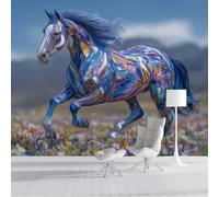GSAEIMCT 3D Panoramic Wallpaper Mural,250X170Cm Wall Poster Flower Horse Abstract Animals Art Photo Wallpaper 3D Effect,Blue-Purple Wallpaper Mural,Poster Decoration for Bedroom Living Room Corridor