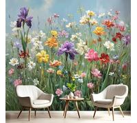 GSAEIMCT 3D Panoramic Wallpaper Mural,300X210Cm Wall Poster Pink Green Wildflower Meadow Art Print Design Photo Effect,Emerald Oil Painting Landscape Decoration for Bedroom Living Room Corridor