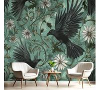 GSAEIMCT 3D Panoramic Wallpaper Mural,400X280Cm Wall Poster Blue-Green Crow Flowers Art Print Design Photo Effect,Emerald Impressionist Animals Decoration for Bedroom Living Room Corridor