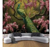 GSAEIMCT 3D Pink Green Cherry Blossom Peacock Wall Mural Wallpaper Baroque Animals Wallpaper Mural Poster Background Painting Silk Murals for Living Room Bedroom Home Print Decor,350X260Cm