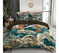 GSAEIMCT 3D Printed Design Bedding Set Double Duvet Cover Set Blue And White Dynamic Waves Comforter Quilt Cover 3 Pieces Microfiber Japanese Landscape With Zipper Children Adults Room Decor