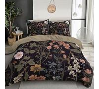 GSAEIMCT 3D Printed Design Bedding Set Double Duvet Cover Set Deep Black Lush Wildflowers Comforter Quilt Cover 3 Pieces Microfiber Retro Plants With Zipper Children Adults Room Decor