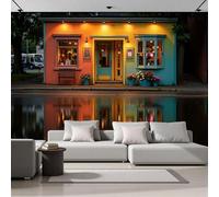 GSAEIMCT 3D Wall Mural Reflection House Print Photo Wallpaper,Wall Decoration Urban Waterfront Area Poster Picture Design Modern 350X260Cm Mural for Living Room Bedroom Bathroom,Orange-Blue