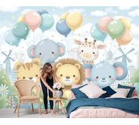 GSAEIMCT Balloon Lion Wallpaper, Blue Yellow Cartoon Illustrations of Animals Wallpaper Mural, Silk Decor Wall Paper, Photo Mural for Room, Hallway, Lounge, 400X280Cm