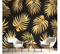 GSAEIMCT Black Gold Mural Luxury Palm Leaf 3D Silk Wall Murals Photo Wallpaper,Textured Plants Art Print Decor Poster Picture for Living Room Kids' Bedroom & Home Interiors,350X260Cm