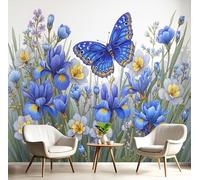 GSAEIMCT Blue-Green Butterfly Flowers Photo Wallpaper Mural,Watercolor Plants 3D Large Wall Murals Hd Printing Decoration Poster Picture Design for Bedroom Living Room Home,450X300Cm