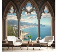 GSAEIMCT Blue-Green Mountain Bay 3D Murals,Gothic Architecture Silk Mural Photo Wallpaper for Large Tv Background Wall Art Living Room Bedroom Kitchen Home Decorative,200X140Cm